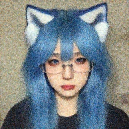 photo of a young woman with messy blue hair and cat ears, glasses