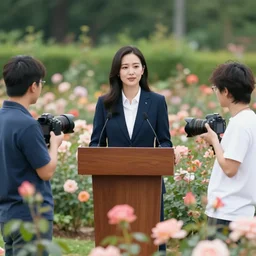 young beautiful female president alone in the rose garden with her two boyfriends, professional photo, dslr, bokeh, romantic