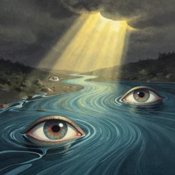 illustration by karolis strautniekas and mads berg, floating eyes, melting into rivers, colorful, fine texture, detailed, muted colors, film noir, dramatic lighting, dynamic composition, vivid, matte print, wide angle, ( ( sunbeams ) ), moody, extreme perspective