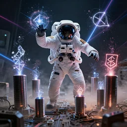 squidlike astronaut performing ritual magic with tesla coils and sigils, technology and magick, circuitry and sigils combined, photorealistic, royo, frazetta, leds, dust, laser light, crystalline shimmers, chaos, complexity, emergence,