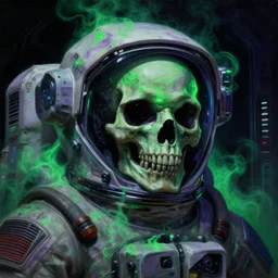 a close - up view portrait of a lone astronauuut, brutalist dock halls with green alien fog, close - up view, detailed textures. glowing green purple fog, dark black background. murder poison skull face, highly detailed fantasy science fiction painting by moebius!!!!!!, norman rockwell, frank frazetta, and syd mead. rich colors, high contrast