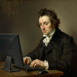 a portrait of franz schubert looking at the modern computer, a painting from the romantic era