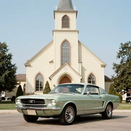 Ford Mustang in front of a church in the 70\'s.
