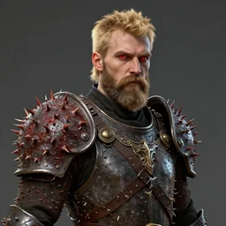 a highly detailed 4 k fantasy matte painting of a man wearing thorn covered armor with short blonde hair mustache beard and red eyes portrait, zdzislaw beksinski, artstation, cgsociety, unreal engine