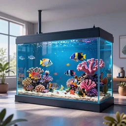 photo of the big modern room as aquarium with a beautiful fishes and corals, realistic colors, realistic shadows, daylight made in blender, 3 d