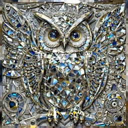 symmetrical detailed sculpture of an owl, made of Kyber Crystal