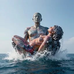 a giant sculpture of the birth of the universe on the ocean water, in the style of jeff koons, award winning, cinematic, hyper - realistic, very detailed, realistic water splashes, ray tracing, 8 k resolution, long - shot, sharp focus, low angle, 8 5 mm photograph, wide lens
