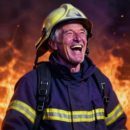 portrait painting of a laughing old purple man firefighter, laughing out loud, background is flames unreal render cinematic lighting art by bussiere rutkowski andreas rocha