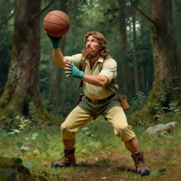 a hobbit wearing hiking boots and teal gloves playing basketball in a forest, by chesley bonestell