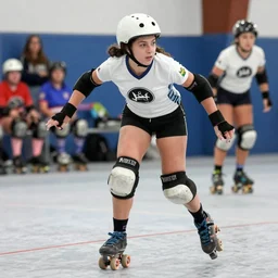 roller derby girl sprinting Cross-Over , full length portrait, logo, wearing skating helmet, Philippe Caza