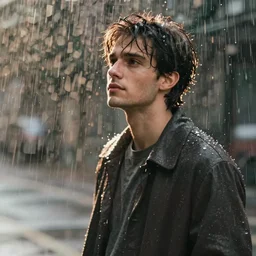 a drawn man standing in the rain