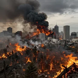 post - apocalyptic, nuclear explosion, burning forest, destruction capital city of the free republic of liberland, hyperdetailed, artstation, 8 k