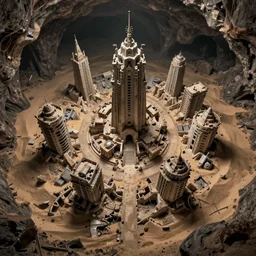 The dilapidated city of an advanced civilization that crumbled after an apocalyptic event found in the depths of a dark sand cavern, seen from above, concept art, highly detailed, artstation