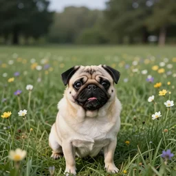 a happy pug, single subject, peaceful flower meadow with some trees in the background, scenic full shot, ambient lighting, detailed face, by hr giger