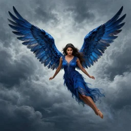 angel avan jogia with indigo-feather wings. Flying in a stormy sky. Distant full body shot. High detailed, digital drawing