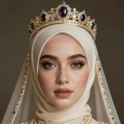 headshot portrait of a hijabi queen with beautiful crown, beautiful, symmetrical, soft lighting, detailed, cinematic, stunning, mucha, portrait photo, and art germ, clear detail