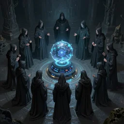 a quantum computer surrounded by a dark cabal of multiple hooded elven mystics in long dark robes gathered in a circular formation, dan seagrave art, michael whelan