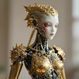 complex 3 d render of a beautiful porcelain robot - the alien woman face, bloody gold and black, fractal veins. dragon cyborg, 1 5 0 mm, beautiful natural soft light, rim light, gold fractal details, fine lace, mandelbrot fractal, anatomical, glass, facial muscles, elegant, ultra detailed, metallic armor, octane render, depth of field