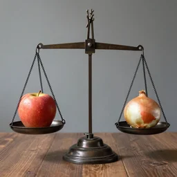 set of balance scales with weights, one apple and one onion