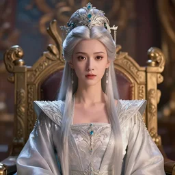 portrait of royal princess with silver white hair, intricate silk clothing, fantasy, headpiece, digital 2 d illustration, movie still, 4 k, highly detailed, octane renderer, artstation trending, cinematic lighting, throne room, style of wlop, tom bagshaw