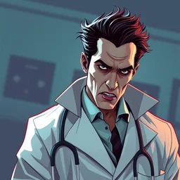 portrait of a doctor turned vampire wearing lab coat, clean cel shaded vector art. shutterstock. behance hd by lois van baarle, artgerm, helen huang, by makoto shinkai and ilya kuvshinov, rossdraws, illustration