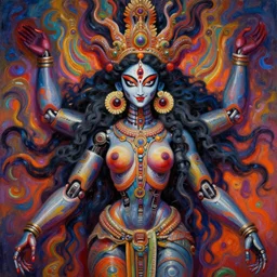 perfectly centered portrait, front view of a beautiful biomechanical goddess kali, flowing hair, intense stare, sweet smile, symmetrical, concept art, intricate detail, volumetric shadows and lighting, psychedelic colors, vibrant, realistic oil painting by gustave dore