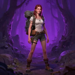 detailed character full body portrait of a skinny feminine androgynous adventurer merchant salesman rucksack smirking purple nature neon background artgerm greg rutkowski mucha ross tran