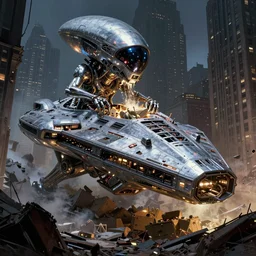 low angle of a shiny metallic extraterrestrial war spaceship unloading its cargo in a destroyed new york city, in the style of frank frazetta and h. r. giger, ultra realistic, atmosphere, glow, detailed, intricate, cinematic lighting, trending on artstation, 4 k, hyper - realistic, immersed, extreme details, cinematic, masterpiece