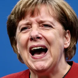 face closeup of angela merkel screaming in emotional pain
