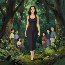 full body shot of monica bellucci in the forest, cel shaded vector art, toon shading, behance, hd by lois van baarle, artgerm, helen huang, by makoto shinkai and ilya kuvshinov, rossdraws, studio ghibli animation still