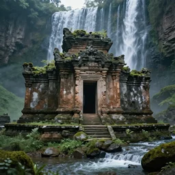 temple ruins besides of a waterfall, fantasy art, cinematic
