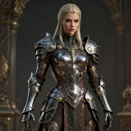 hyper realistic glorious ancient viking assassin girl in a obsidian metal armor, futuristic design, designed by makoto kobayashi and luca zampriolo, portrait, sexy style, wood and gold details, intricate, extremely detailed, ornate, deep of field, hard surface, exoskeleton, substance designer metal unreal engine. very detailed, do the best you can!