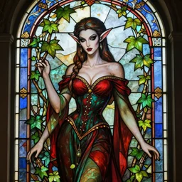 a stunning stained glass window of a beautiful poison ivy as an evil elf queen with hair tied in a braid and wearing a seductive red and green dress, dark eyeliner, intricate, elegant, highly detailed, digital painting, artstation, concept art, sharp focus, illustration, art by greg rutkowski and alphonse mucha