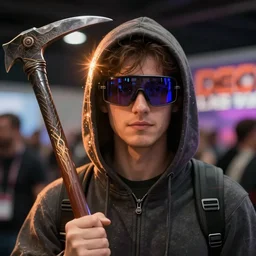 A guy with a hoodie and a crowbar with a screen on his face at the DEF CON conference in Las Vegas