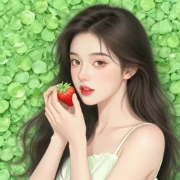 the portrait of an absurdly beautiful, graceful, elegant, chaste, young woman made of strawberries and green petals, an ultrafine detailed illustration by kim jung gi, irakli nadar, intricate linework, bright colors, octopath traveler, final fantasy, angular, unreal engine 5 highly rendered, global illumination, radiant light, detailed and intricate environment