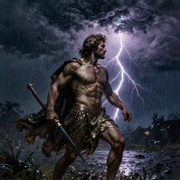 night, a dark thunderstorm, lightning, leonidas, rain, highly detailed, high quality, digital painting, by gaston bussiere, craig mullins, alphonse mucha j. c. leyendecker