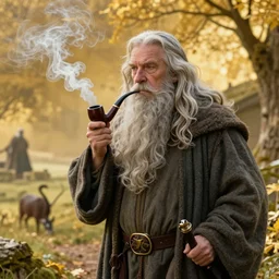 Gandalf and Bilbo smoking pipe in the Shire, highly detailed, whimsical, fantasy style, golden layers by Don Maitz and Christophe Vacher, trending on Artstation, 4K
