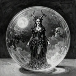 By Tom Bagshaw, ultra realist soft painting of a skull carnival by night, very beautiful horned single female in long gothic dress transparent glass sphere, symmetry accurate features, very intricate details, omnious sky, black and white, volumetric light clouds