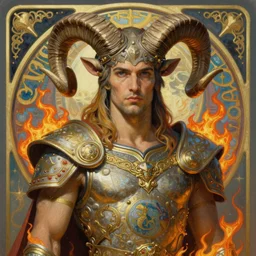 fit brazilian male warrior with spiraling ram horns, mars planet imagery, digital oil paining by artgerm, greg rutkowski, mucha, portrait | art nouveau. d & d. ornate intricate detail, complimentary fire colors. sharp edges. clear detailed. 8 k. elegance