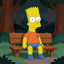 Bart Simpson sitting on a bench in the middle of a dark forest, digital art