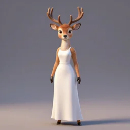 portrait, 3 d render, anthropomorphic deer female, wearing long white dress, in the style of zootopia