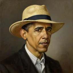 an oil painting of Obama with a straw hat by Rembrandt