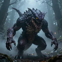 real life Pokemon, creepy!!!, scaly!!!, menacing!!!, evil, ultra realistic, night time, fog, volumetric lighting, sharp focus