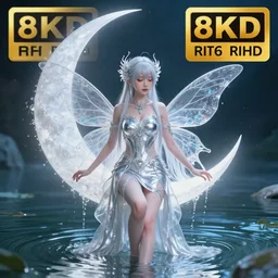 a moon fairy dressed in intricate silver clothing surrounded by water particles above a serene pond, fantasy, wlop, trending on artstation, deviantart, anime key visual, official media, professional art, 8 k uhd