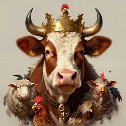 a hyper detailed full face portrait of a anthropomorphic joaquin phoenix as the king of animals, cow, pig, sheep, chicken feathers, horror, by anna podedworna, by miklos ligeti, by diego maricato, by taran fiddler, on artstation