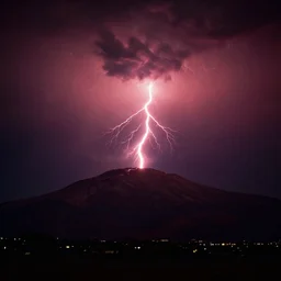 thousands of red lightning strike a mountain, night, 1998 photo