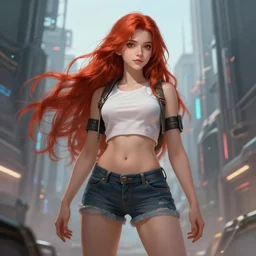 beautiful cute athletic red haired eighteen year old young woman standing up, casual clothing, long!! hair, cyberpunk city, attractive face, dramatic pose, rpg character, sci - fi, intricate, elegant, digital painting, artstation, concept art, smooth, 8 k frostbite 3 engine, ultra detailed, art by artgerm and greg rutkowski and magali villeneuve