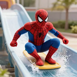 a closeup photorealistic photograph of a colorful knitted spider man themed iron man riding down a water slide. splashing. professional capture. bright scene. this 4 k hd image is trending on artstation, featured on behance, well - rendered, extra crisp, features intricate detail, epic composition and the style of unreal engine.