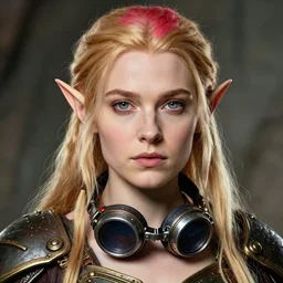 still from lord of the rings of head and shoulders portrait, female artificer, gray eyes, welding goggles around neck, strawberry blonde, elf, d & d, steampunk, by artgerm, facial detail, extremely detailed, comic book cover photo