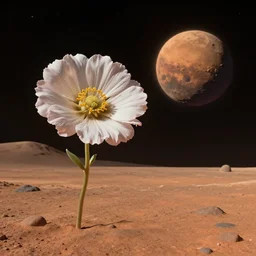 a flower, Floating in space, next to Mars